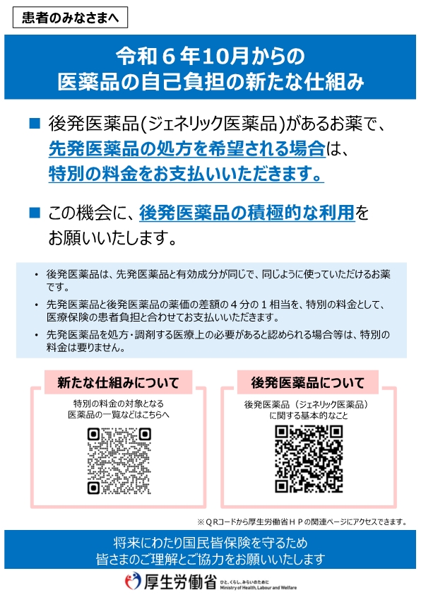 令和６年１０月１日から先発医薬品希望の方は特別の料金をお支払いただきますのアイキャッチ